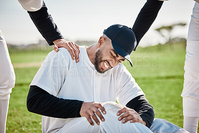 Buy stock photo Baseball, team help and man with injury on field after accident, fall or workout in match. Sports, training and male player with fibromyalgia, inflammation pain or broken knee with friends helping.