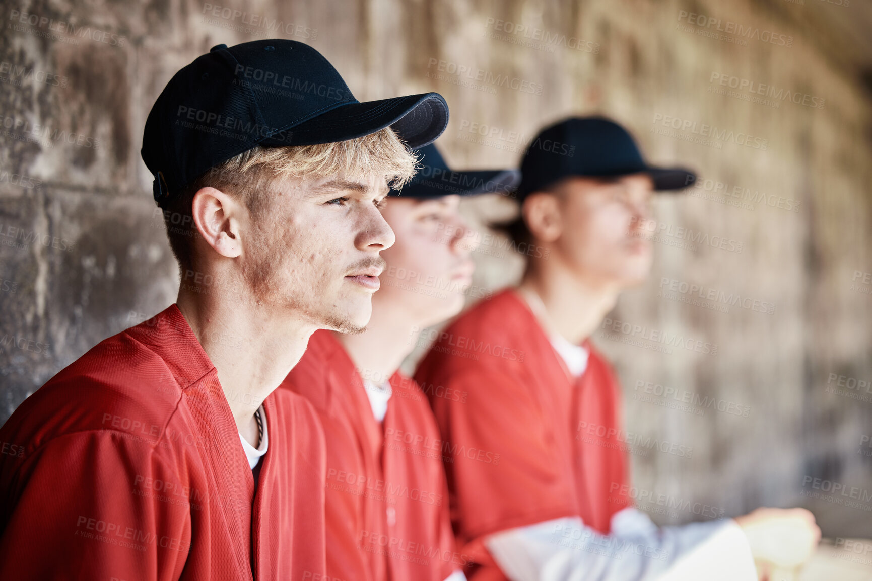 Buy stock photo Baseball, team and dugout with a sports man watching a competitive game outdoor during summer for recreation. Sport, teamwork and waiting with a male athlete on the bench to support his teammates