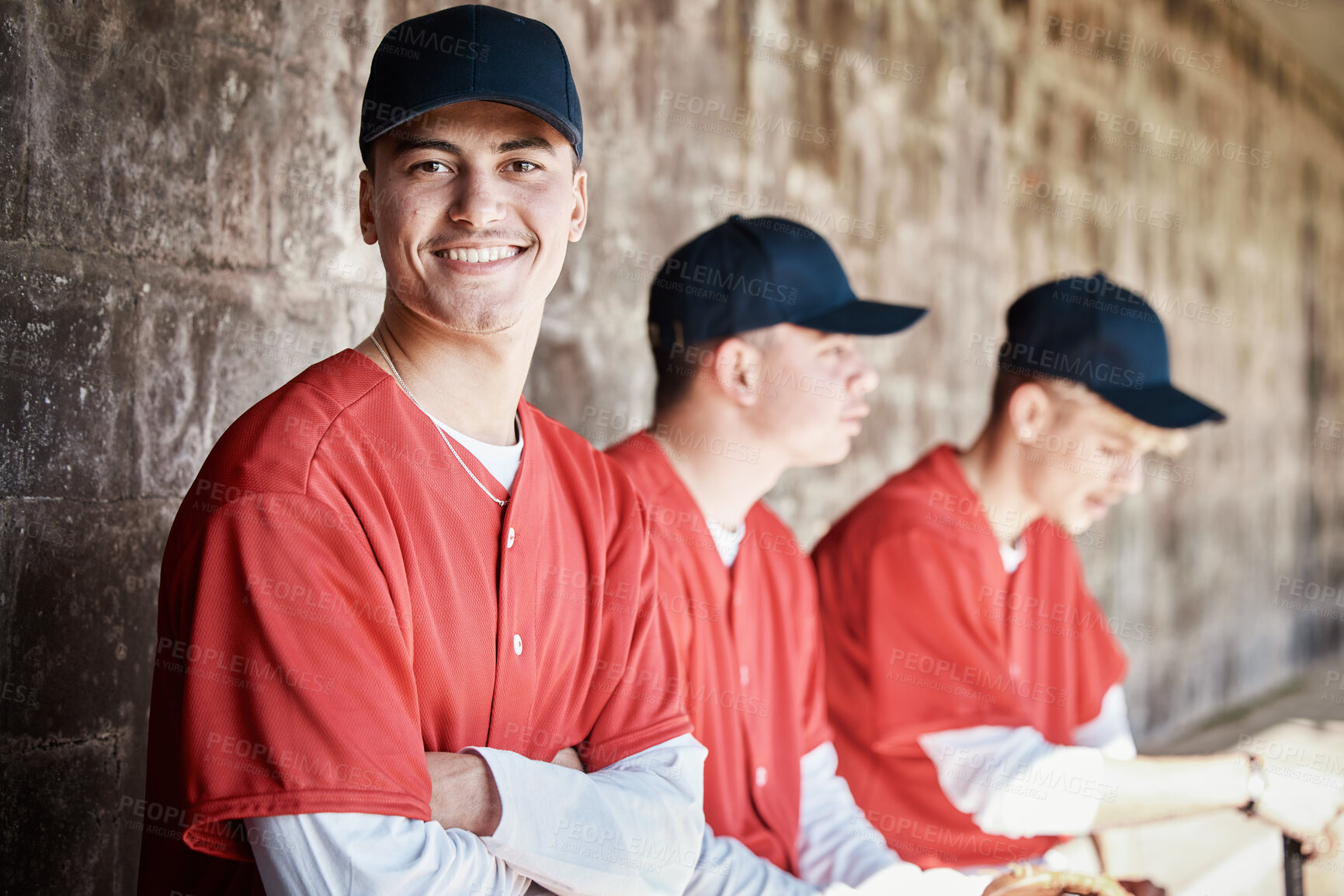 Buy stock photo Baseball, team and man with smile in portrait, sports and professional club with young athlete and fitness. Sport, happiness and exercise with active lifestyle, softball and group outdoor