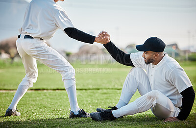 Teamwork, helping hand or baseball player in training, exercise or workout in practice match on sports field. Softball, strong man or people in tough competitive game with physical fitness or effort