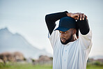 Baseball field, thinking or black man stretching in training ready for match on a pitch or field in summer. Workout exercise, fitness mindset or sports player in warm up to start playing softball