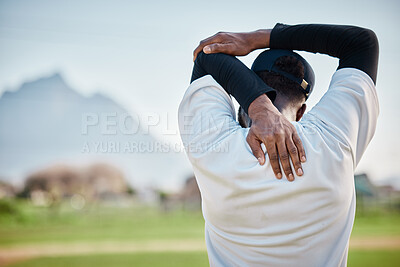 Buy stock photo Baseball field, back view or black man stretching in training ready for match on field in summer. Workout exercise, fitness mindset or focused young sports player in warm up to start playing softball