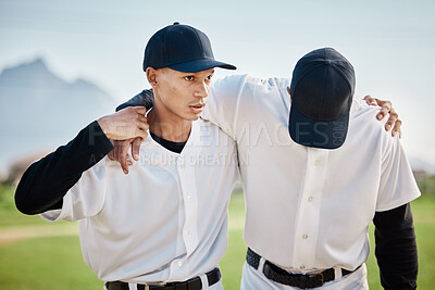 Buy stock photo Baseball, men or sports injury help on field, grass or stadium ground in fail, fitness problem or dehydration burnout. Softball player, teamwork or stress in game loss, match or competition accident