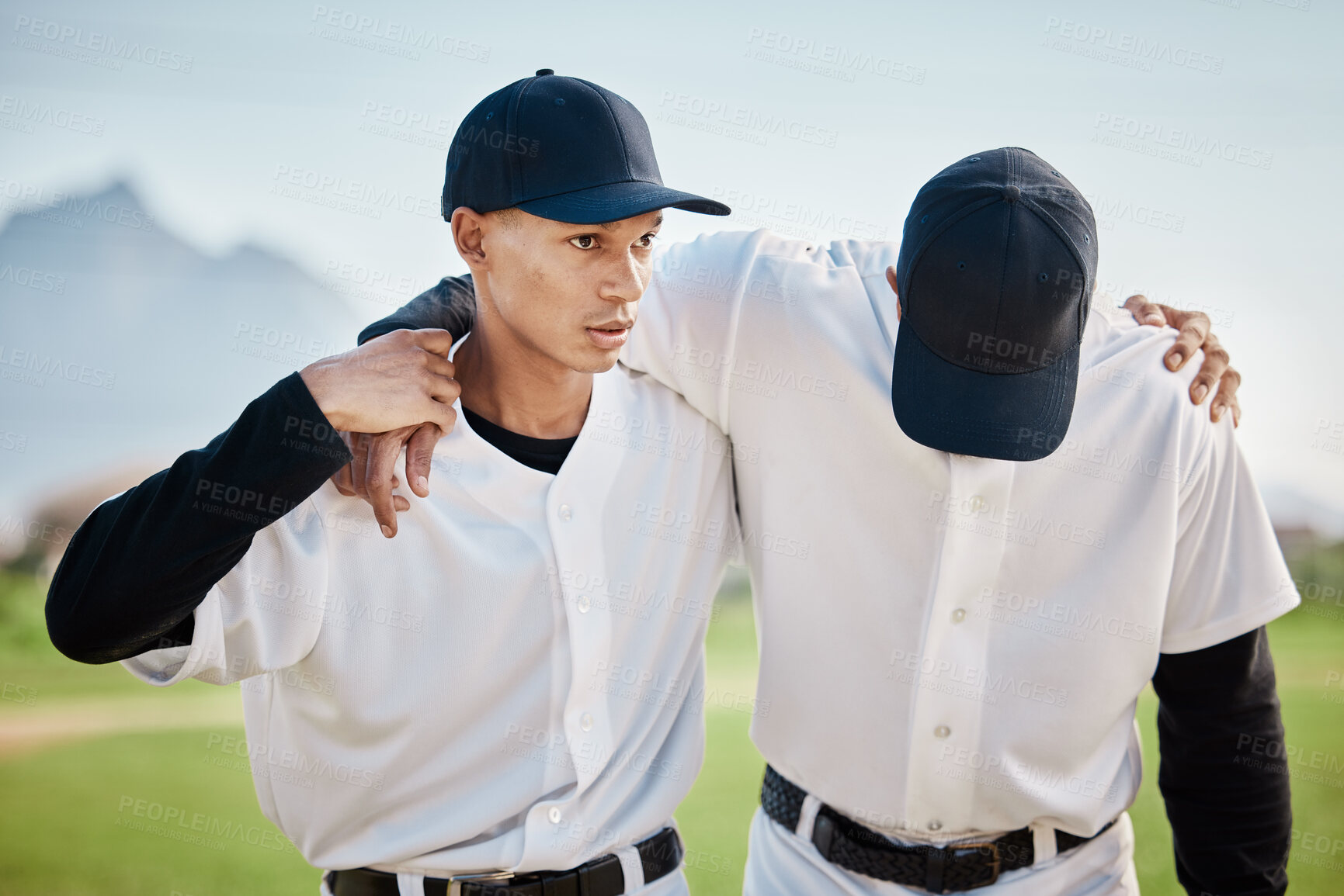 Buy stock photo Baseball, men or sports injury help on field, grass or stadium ground in fail, fitness problem or dehydration burnout. Softball player, teamwork or stress in game loss, match or competition accident