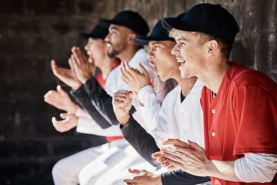 Buy stock photo Sports applause, baseball winner or team in celebration of game success in fun victory, competition or goals dugout. Winning homerun, fitness motivation or happy softball players excited for teamwork