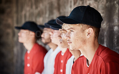 Buy stock photo Baseball, uniform or dugout with a sports man watching his team play a game outdoor during summer for recreation. Sport, teamwork and waiting with a male athlete on the bench to support his teammates