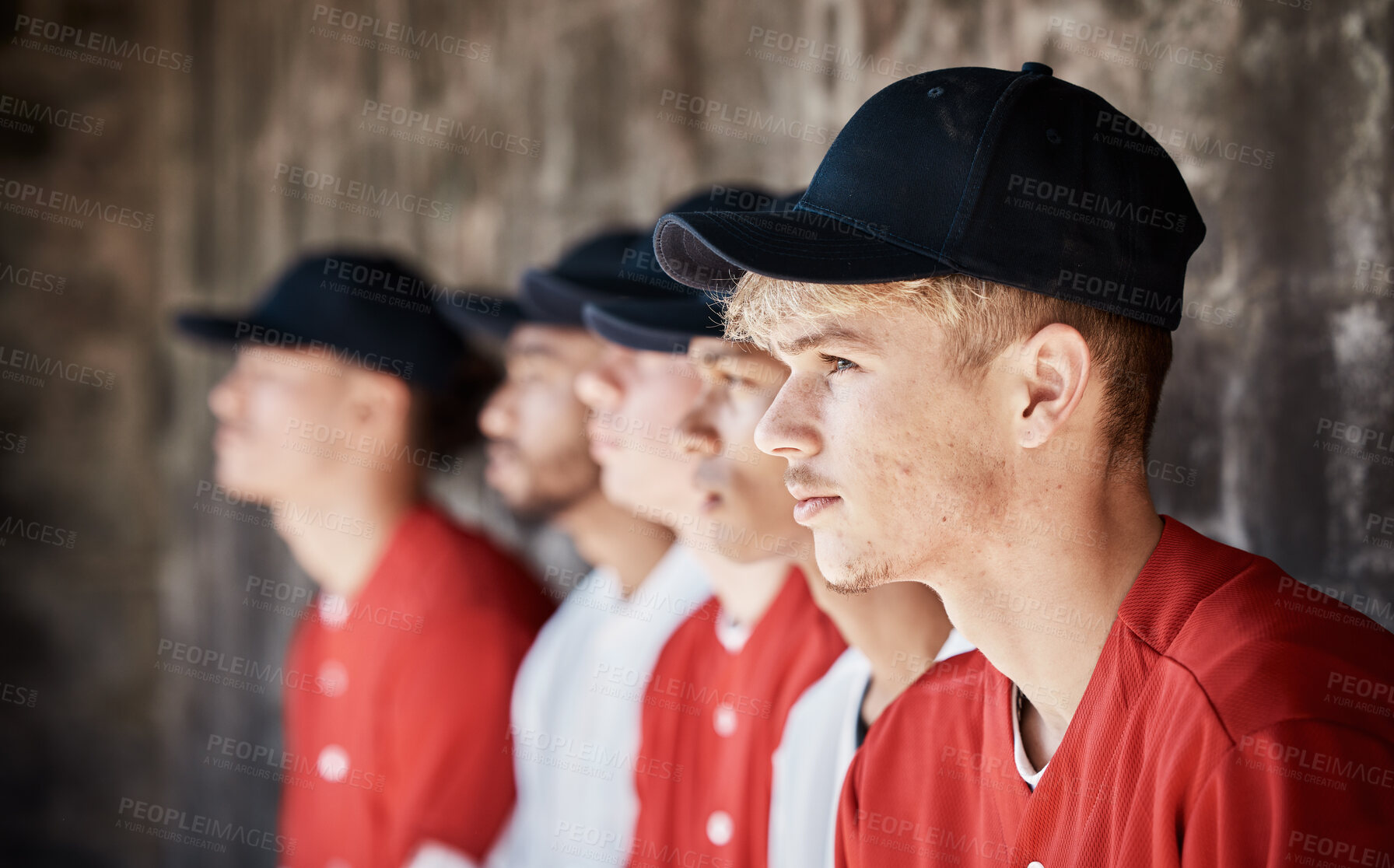 Buy stock photo Baseball, uniform or dugout with a sports man watching his team play a game outdoor during summer for recreation. Sport, teamwork and waiting with a male athlete on the bench to support his teammates