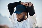 Baseball field, thinking or black man stretching in training ready for match on field in summer. Workout exercise, fitness mindset or focused young sports player in warm up to start playing softball