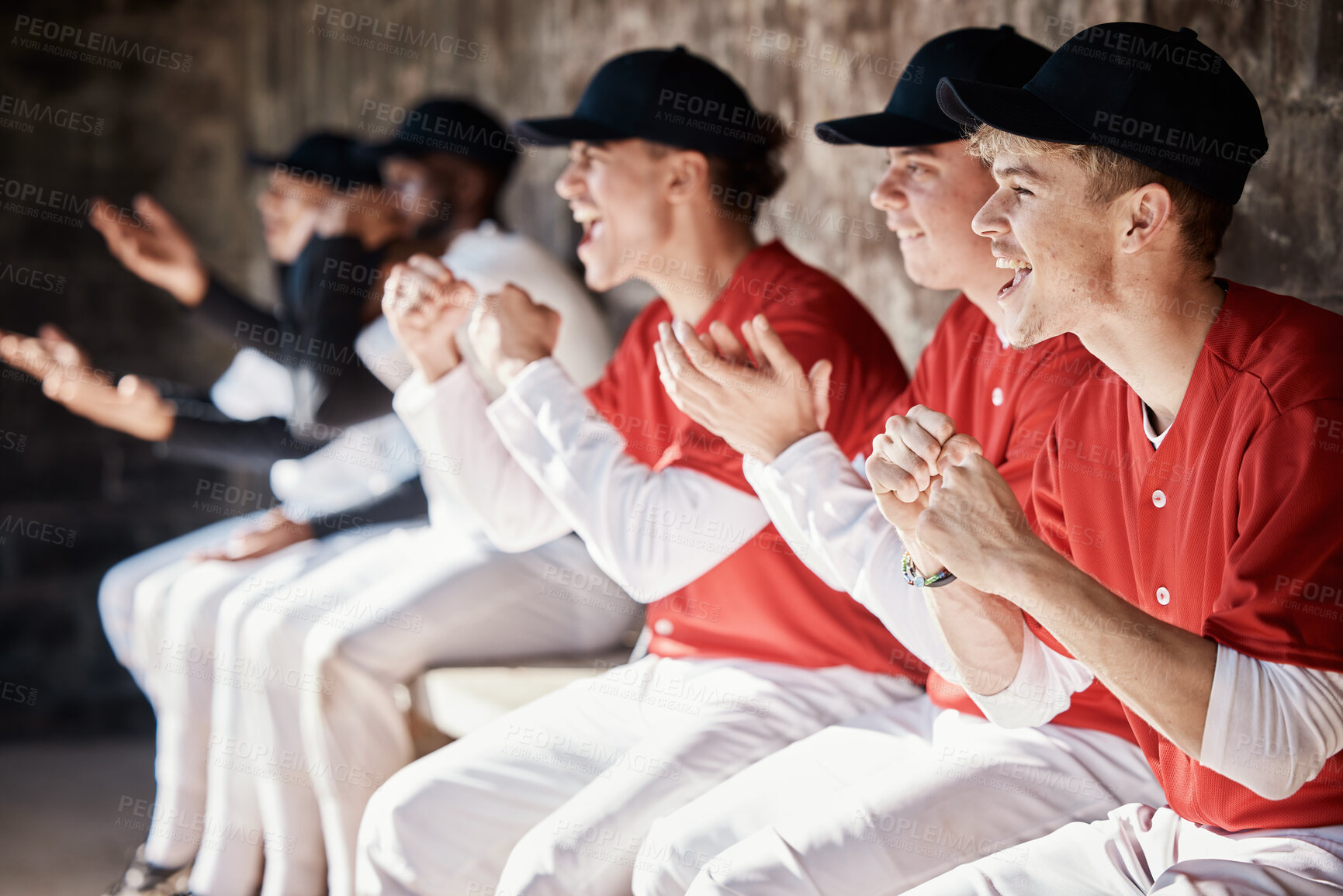 Buy stock photo Sports success, baseball winner or team in celebration of fun game victory, competition or goals together. Winning homerun, fitness motivation or happy softball players excited for teamwork in dugout