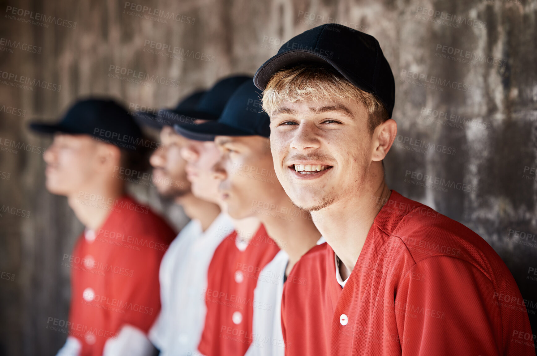 Buy stock photo Baseball player, team and man with smile in portrait, sports and professional club with young athlete and fitness. Sport, happiness and exercise with active lifestyle, softball and training outdoor