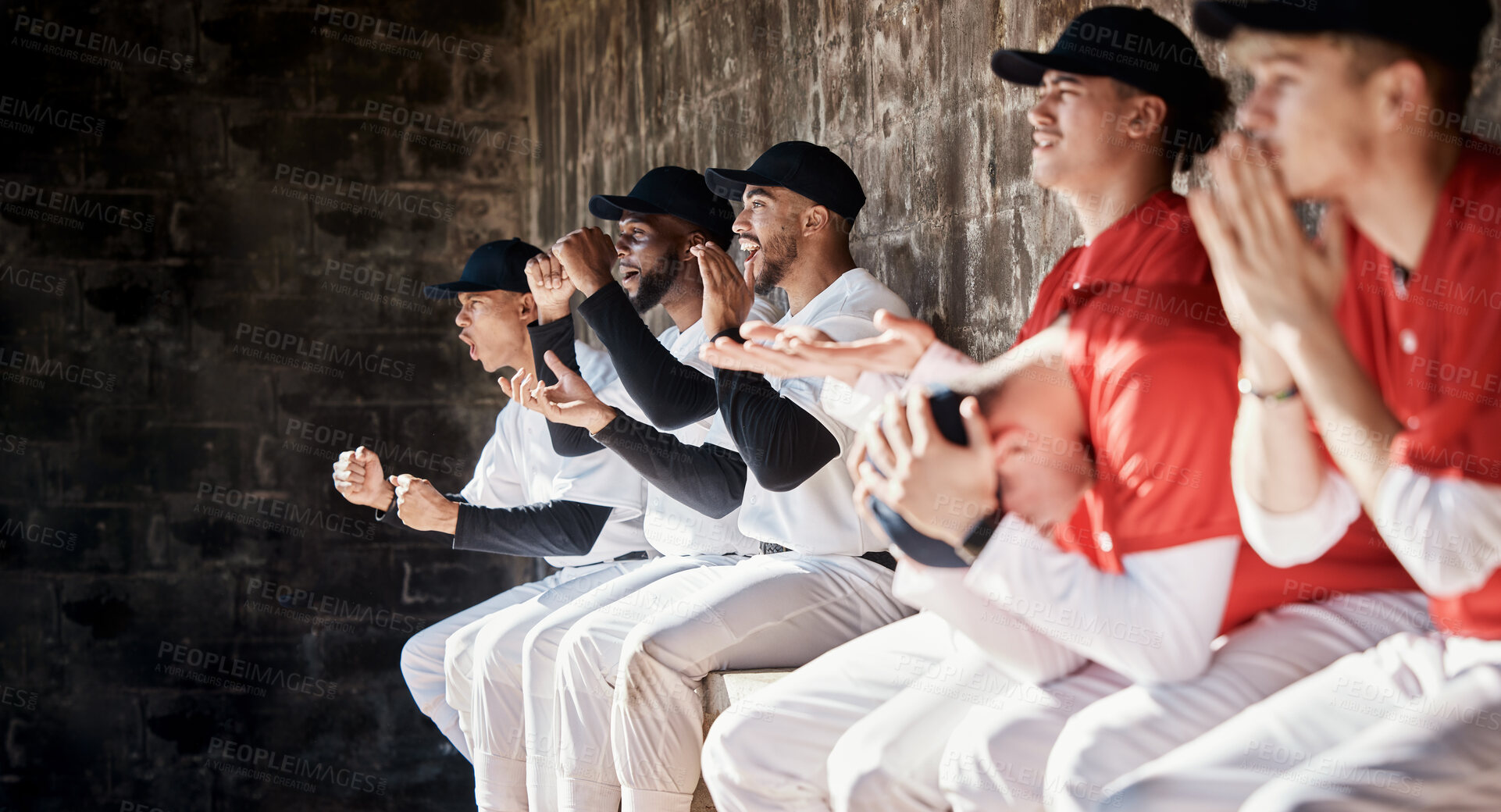 Buy stock photo Happy baseball winner, sport or team in celebration of fun game victory, competition success or goals together. Winning homerun, sad loss or softball players excited for teamwork in dugout by losers