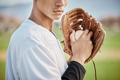 Buy stock photo Man, baseball player or hands glove on field, sports or arena grounds for game, match or competition throw. Zoom, athlete or softball mitt for pitcher, fitness exercise or training workout in stadium