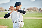 Baseball, pitcher and sports with man on field of stadium for training, practice and workout. Fitness, exercise and action with athlete throwing ball in game in park for competition, match and skill