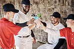 Baseball player, team or men toast to success in training or match game to celebrate victory in stadium. Goals target, fun sports or healthy softball players in happy celebration with drinks together