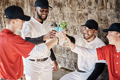 Buy stock photo Baseball player, team or men toast to success in training or match game to celebrate victory in stadium. Goals target, fun sports or healthy softball players in happy celebration with drinks together