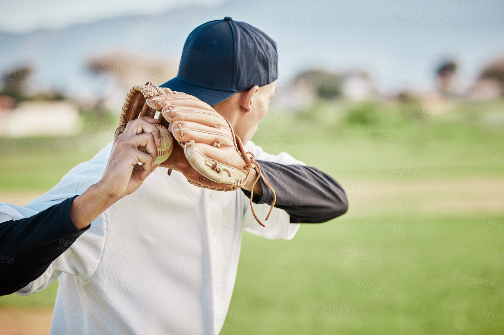 Buy stock photo Pitcher, back view or sports man in baseball stadium in a game on training field outdoors. Fitness, young softball athlete or focused man pitching or throwing a ball with glove in workout or exercise