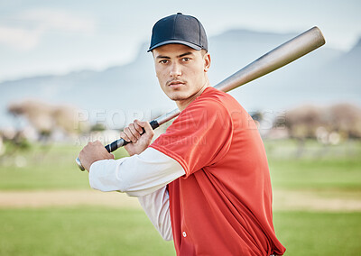 Buy stock photo Baseball batter, portrait or sports man on field at competition, training match on a stadium pitch. Softball exercise, healthy fitness workout or focused player playing a fun game outdoors on grass 