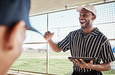 Buy stock photo Motivation, planning or happy baseball coach with strategy ideas in training or softball game in dugout. Leadership or excited black man with sports athletes for fitness, teamwork or mission goals