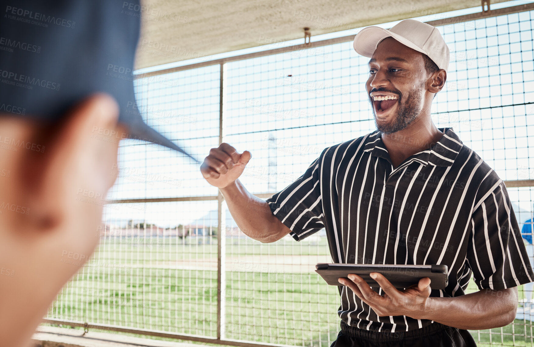 Buy stock photo Motivation, planning or happy baseball coach with strategy ideas in training or softball game in dugout. Leadership or excited black man with sports athletes for fitness, teamwork or mission goals