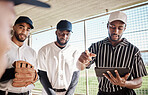 Group portrait, planning or baseball coach with a strategy in training or softball game in dugout. Leadership, formation on tablet or black man with sports athletes for teamwork or mission goals