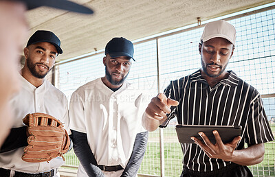 Buy stock photo Group portrait, planning or baseball coach with a strategy in training or softball game in dugout. Leadership, formation on tablet or black man with sports athletes for teamwork or mission goals