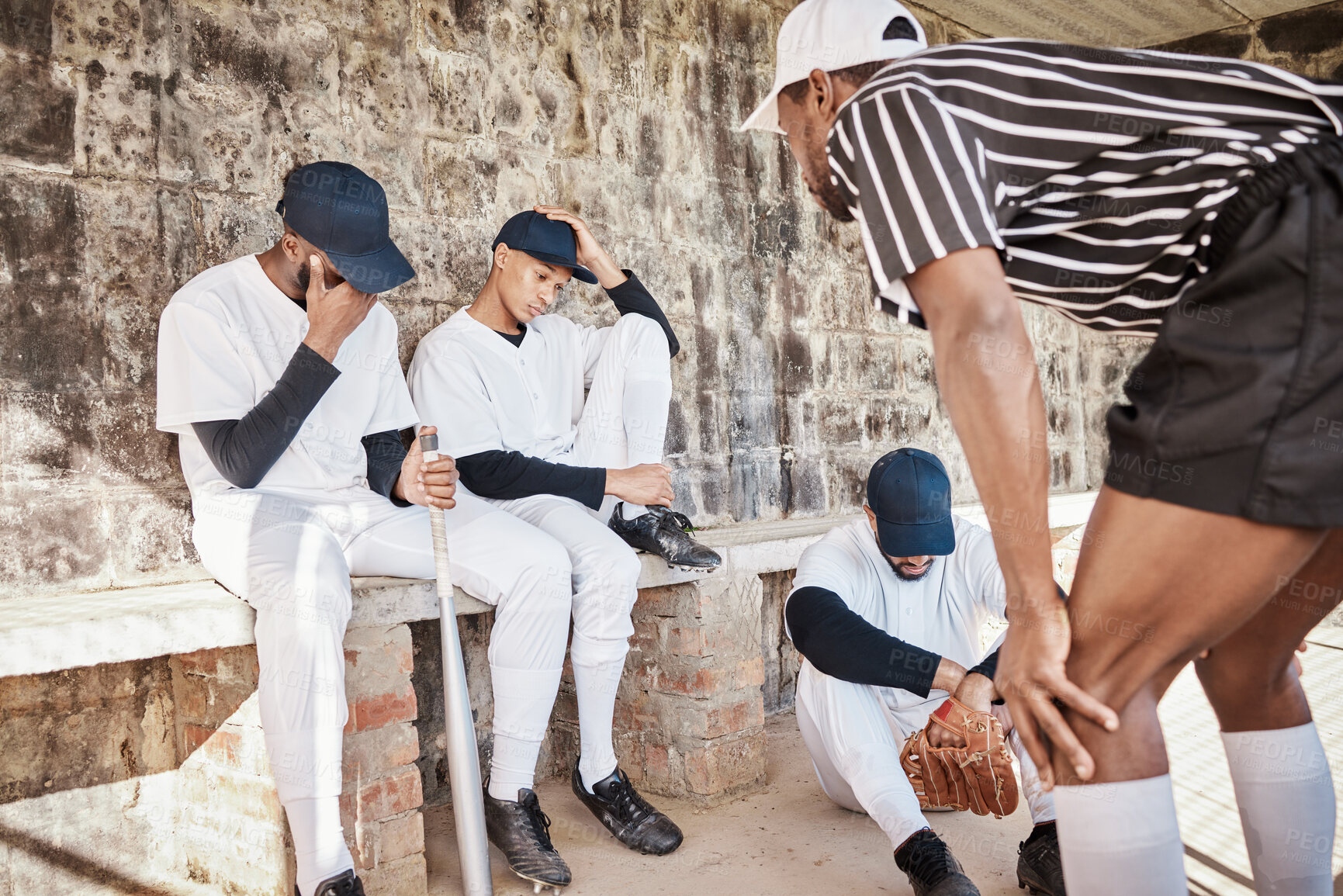 Buy stock photo Loss or baseball coach with sad team in training workout match or softball game field after failure. Motivation, unhappy losers or angry black man with upset sports men or frustrated athlete group 