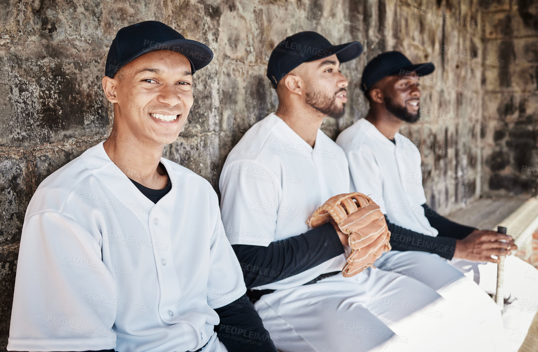 Buy stock photo Baseball player portrait, bench or sports man on field at competition, training match on a stadium pitch. Softball exercise, fitness workout or happy players playing a game in team dugout in summer