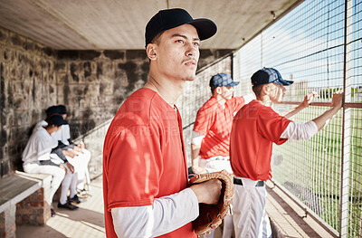 Buy stock photo Baseball, pitcher or dugout with a sports man watching his team play a game outdoor during summer for recreation. Sport, teamwork and waiting with a male athlete on the bench to support his teammates