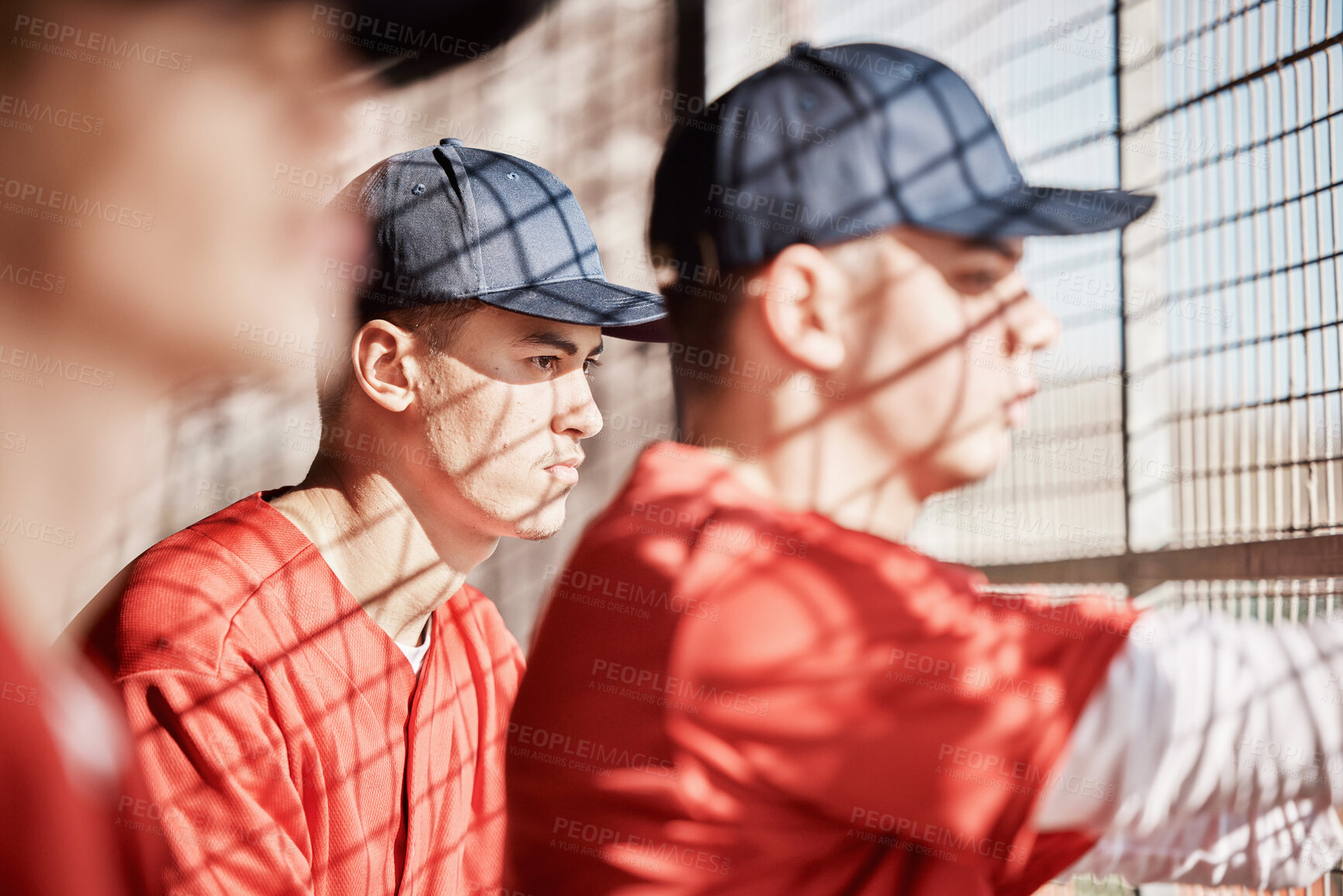 Buy stock photo Baseball, ready and dugout with a sports man watching a competitive game outdoor during summer for recreation. Sport, teamwork and waiting with a male athlete on the bench to support his teammates