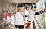 Baseball, sports and player with team in stadium watching games, practice match and competition on field. Fitness, teamwork and male athlete in dugout spectate exercise, training and sport workout