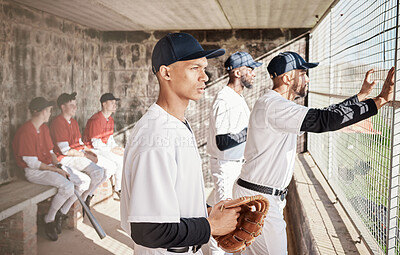 Buy stock photo Baseball, sports and player with team in stadium watching games, practice match and competition on field. Fitness, teamwork and male athlete in dugout spectate exercise, training and sport workout