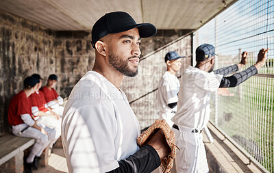 Buy stock photo Baseball, sports and man with team in stadium watching games, practice match and competition on field. Fitness, teamwork and male athlete in dugout waiting for exercise, training and sport workout