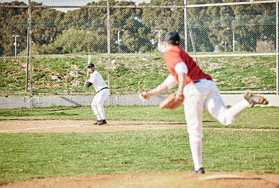 Buy stock photo Baseball game, pitcher and man with bat on field for competition, sports and contest in summer. Outdoor sport games, men and softball for wellness, fitness or workout on grass for professional career