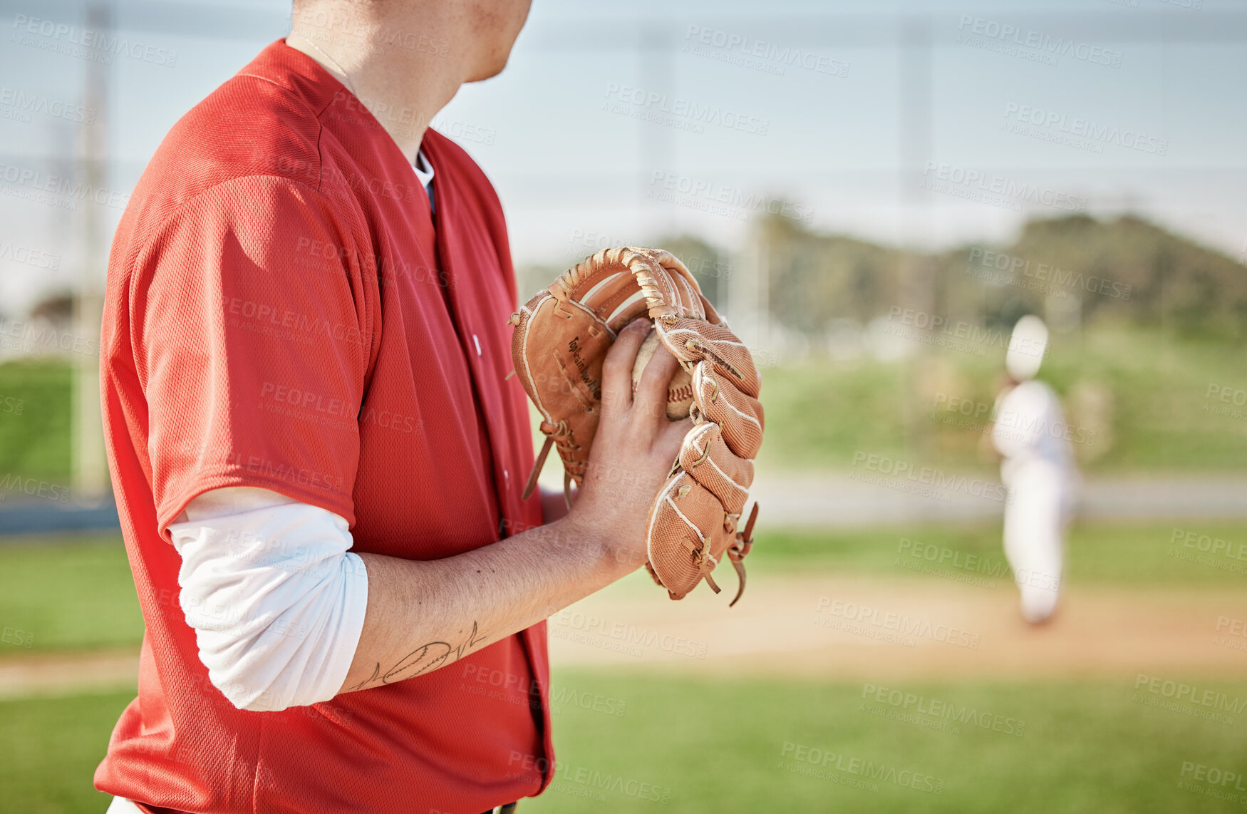 Buy stock photo Baseball, glove and pitch with a sports man on a field during a competitive game outdoor during the day. Fitness, event and pitching with a male athlete playing a match in sportswear outside