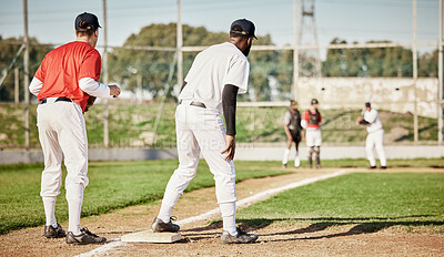 Buy stock photo Sports, baseball and teamwork with men on field for training, competition matcha and exercise. Home run, focus and fitness with group of people playing in park stadium for pitcher, cardio and batter