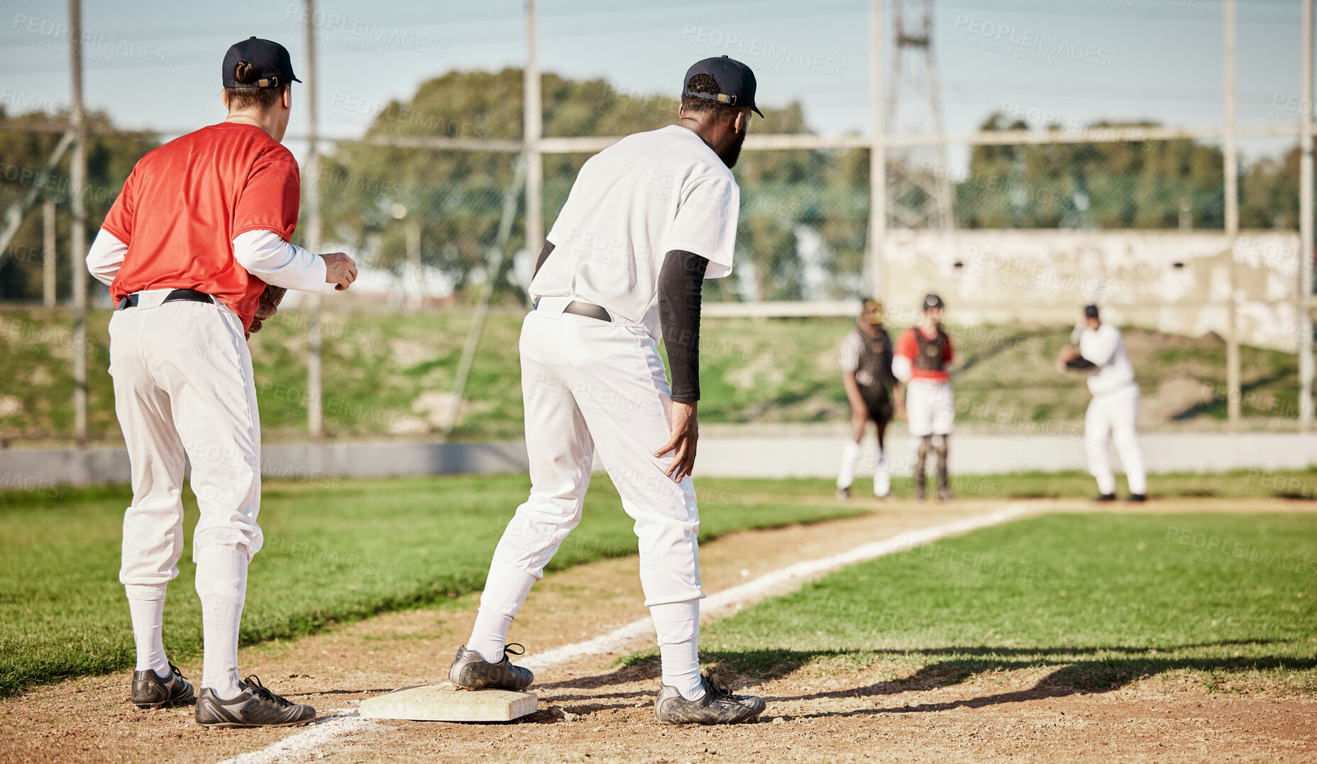 Buy stock photo Sports, baseball and teamwork with men on field for training, competition matcha and exercise. Home run, focus and fitness with group of people playing in park stadium for pitcher, cardio and batter