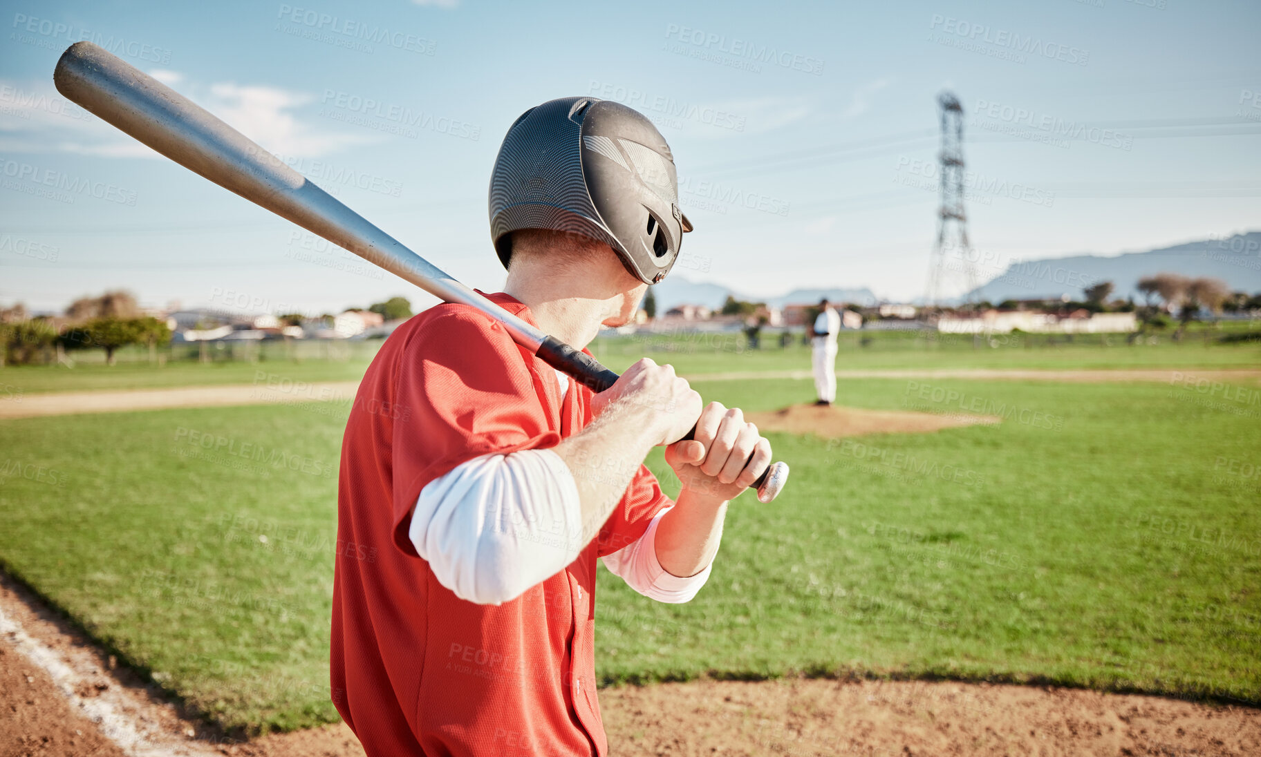 Buy stock photo Baseball, bat and field with a sports man outdoor, playing a competitive game during summer. Fitness, health and exercise with a male athlete or player training on a pitch for sport or recreation