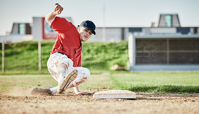 Buy stock photo Baseball, sports and man slide on field for competition, game or practice outdoors. Training, workout and player, athlete or male base runner in action match, exercise and competitive tournament.