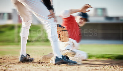 Buy stock photo Baseball, sports and man slide on field for competition, game or practice outdoors. Training, workout and player, athlete or male base runner in action match, exercise and competitive tournament.