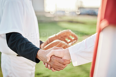 Buy stock photo People, sports or handshake for team greeting, introduction or respect on baseball field together. Zoom of men shaking hands in softball match or game in competition, training or workout exercise