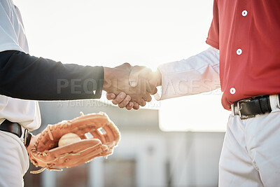 Buy stock photo Baseball, sports or handshake for team greeting, introduction or respect on stadium field together. Zoom of men shaking hands in softball match or game in competition, training or workout exercise 