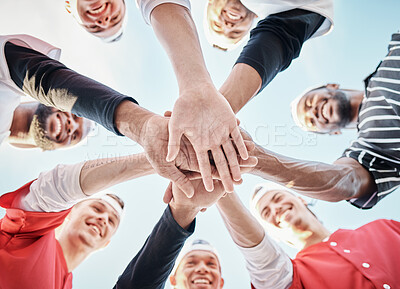 Buy stock photo Hands, baseball motivation or sports men in huddle with support, hope or faith on field in fun game together. Teamwork, happy people or group of excited softball athletes with solidarity low angle