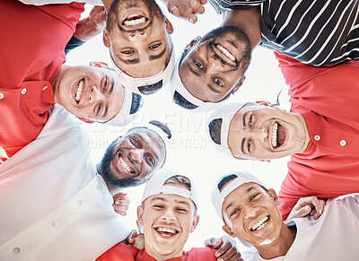 Buy stock photo Portrait, funny or sports people in huddle with support, hope or faith on baseball field in game together. Teamwork, happy faces or group of excited softball athletes with goals, unity or motivation