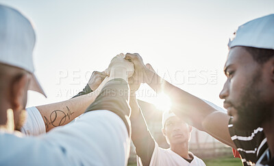 Buy stock photo Fist, motivation or sports people in huddle with support, hope or faith on baseball field in game. Teamwork, group partnership or softball athletes with hands together for solidarity or inspiration
