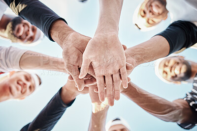 Buy stock photo Hands, baseball motivation or sports men in huddle with support, hope or faith on field in fun game together. Teamwork, happy people or group of excited softball athletes with solidarity low angle