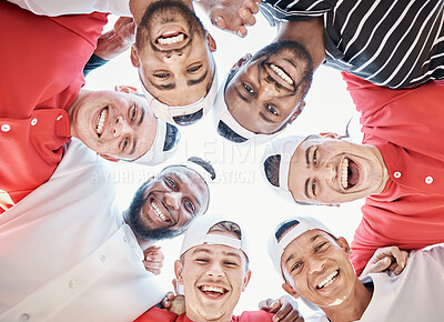 Buy stock photo Portrait, face or sports people in huddle with support, hope or faith on baseball field in game together. Teamwork, happy people or group of excited softball athletes with goals, unity or motivation