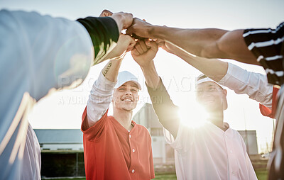 Buy stock photo Fist, motivation or sports men in huddle with support, hope or faith on baseball field in fun game together. Teamwork, hands up or group of excited softball athletes with goals, mission or solidarity