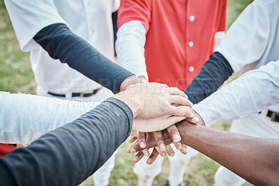 Buy stock photo Hands, motivation or baseball people in huddle with support, hope or faith on sports field in game together. Closeup of teamwork, collaboration or group of softball athletes with goals or solidarity 