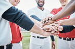 Baseball, sports motivation or hands in huddle with support, hope or faith on baseball field in game together. Teamwork, happy people or group of excited softball athletes with goals or solidarity