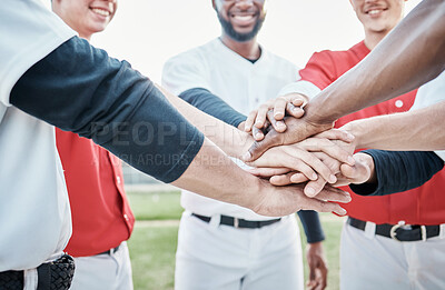 Buy stock photo Baseball, sports motivation or hands in huddle with support, hope or faith on baseball field in game together. Teamwork, happy people or group of excited softball athletes with goals or solidarity